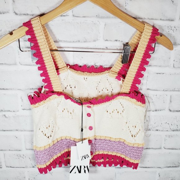 zara knitted top with hearts pink beige cropped top size small nwt - Picture 4 of 7